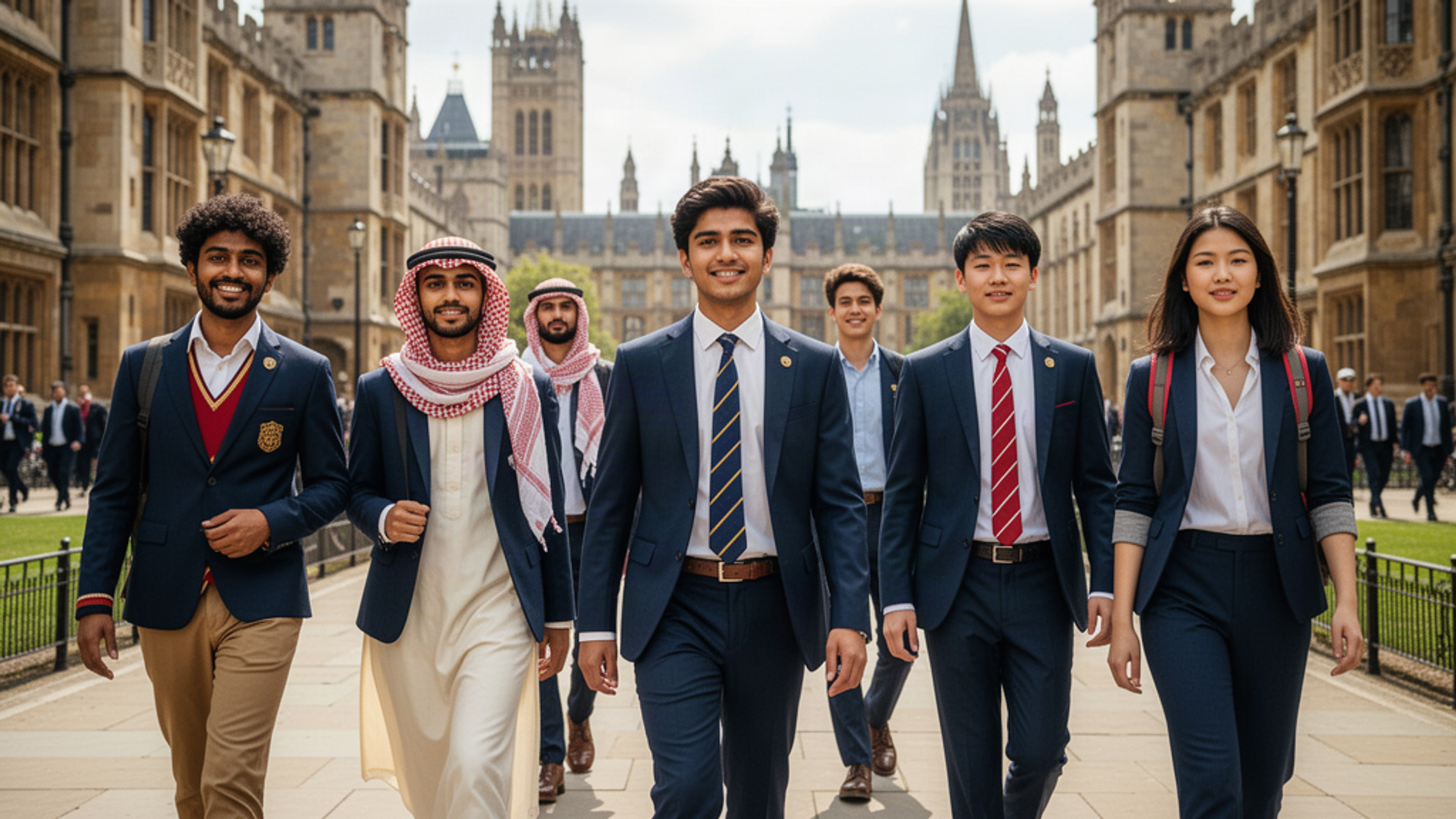 International students near the Houses of Parliament in London